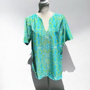 🌻 NEW w/tag Buckhead Betties Camden Ct. Green Turquoise Split Neck Top Blouse L